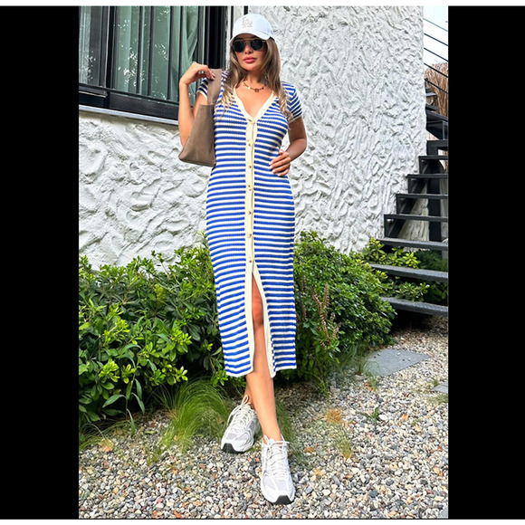 MANGO BLOGGER FAVE!!! Striped Knit Midi Dress NWT | Blue White Size 8 - Picture 11 of 16